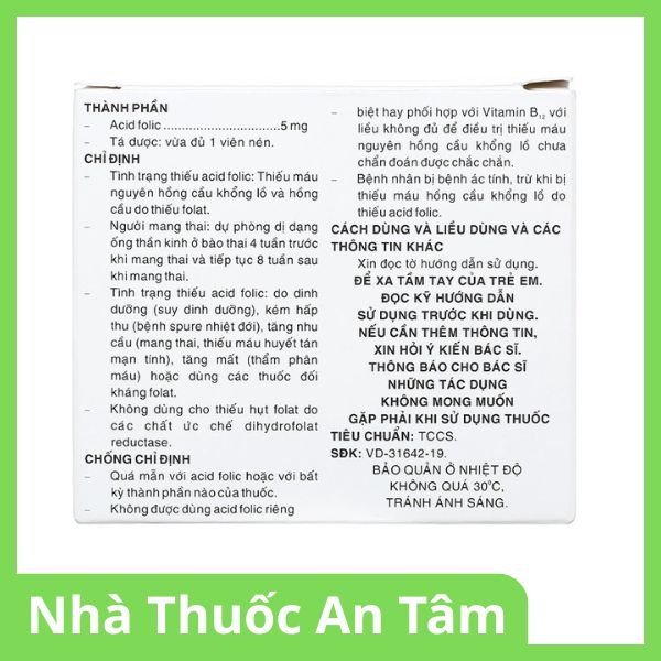 Viên nén Folacid 5mg phòng và trị thiếu axit folic hộp (2)