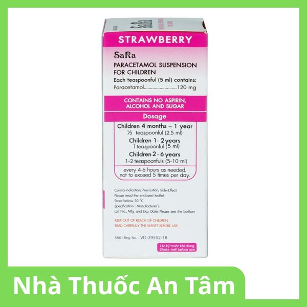 Hỗn dịch uống Sara hương dâu 120mg/5ml giảm đau, hạ sốt cho trẻ em (2)